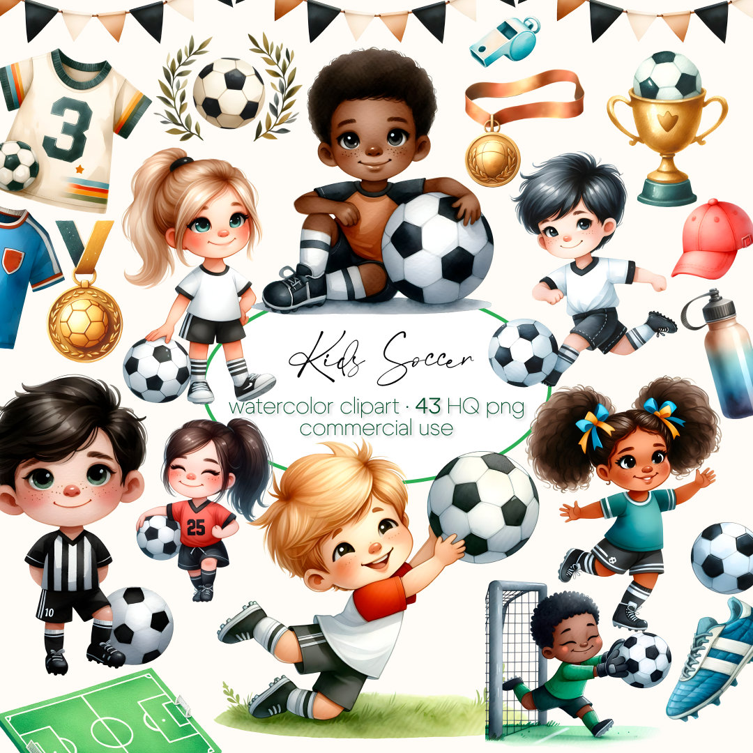 Soccer Clipart Bundle, Watercolor Clipart, Kids, Trophy, Equipment, Watercolor Football PNG, Sports Clipart, Jersey, Boots, Ball