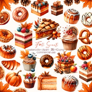Watercolor Autumn Sweets Clipart, Fall Clipart, Donuts Clipart, Watercolor Fall Cupcakes, Pumpkin Clipart, Fall Baking Clipart
