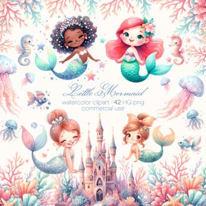 Sirène PNG, décoration de fête sirène, Invitation sirène, sirènes aquarelle, jolies sirènes, clipart océan bleu, clipart vie marine