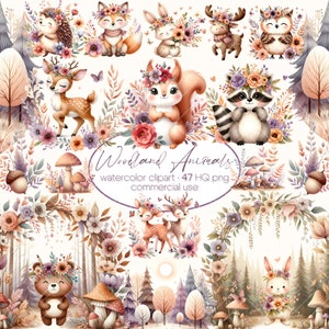 Pacote de clipart de animais da floresta Boho em aquarela, clipart de animais em aquarela, aquarela de raposa, urso, veado, coruja, coelho, guaxinim, esquilo