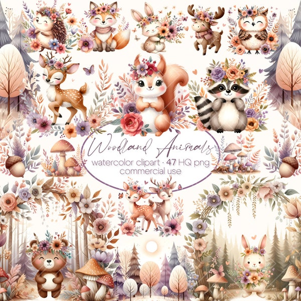 Boho Woodland Animals Clipart Watercolor Bundle, watercolor animals clipart, Watercolor Fox Bear Deer Owl Bunny Raccoon Squirrel