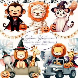 Halloween safari aquarel clipart, schattige halloween clipart, safari dieren clipart, baby safari dieren png, babyshower, schattige dieren png