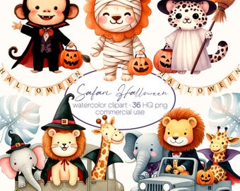 Halloween Safari Animals Watercolor Clipart: 36 PNG Illustrations (Digital Download)