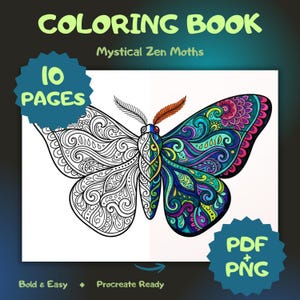 Puede incluir: Un libro para colorear titulado "Mystical Zen Moths" con una ilustración detallada de una mariposa. La mariposa está dividida, con un lado en blanco y negro y el otro coloreado en tonos de azul, verde, morado y rosa. El libro incluye 10 páginas y está listo para Procreate.