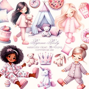 Aquarel pyjamafeest clipart, slaapfeestje clipart, sleepover clipart, girl's verjaardag clipart, pantoffels, slaapmasker, kussens