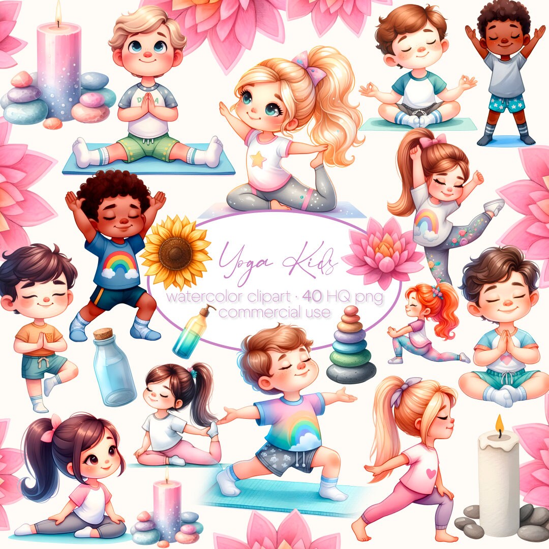 Watercolor Cute Kids, Yoga Clipart Bundle, Kids Yoga, Meditation, Yoga ...