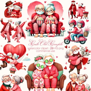 Funny Valentine oud koppel clipart, Valentijnsdag, romantisch koppel clipart, grillige grootouder, grappige oude mensen, grootouders clipart