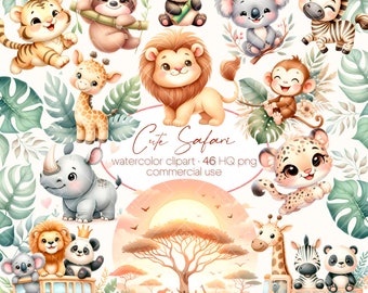 Watercolor Safari PNG, Safari Animals Clipart Watercolor, jungle safari png, baby safari animals PNG, baby shower, cute animals png