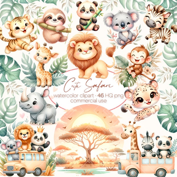 Watercolor Safari PNG, Safari Animals Clipart Watercolor, jungle safari png, baby safari animals PNG, baby shower, cute animals png