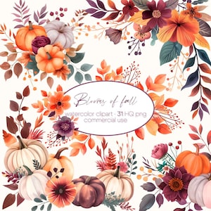 Watercolor Autumn Clipart, Pumpkins and Flowers, Autumn Bouquets, Pumpkin PNG, Fall Pumpkin Clipart, Floral Clipart, Cozy Fall