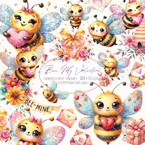 Clipart de acuarela "Feliz Día de San Valentín", clipart de "Abeja mi San Valentín", clipart de San Valentín, clipart de amor, clipart de abejas, abeja PNG