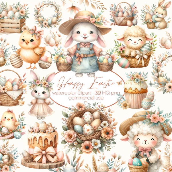 Watercolor Easter Clipart Bundle, Spring Clipart, Easter Bunny, Easter Egg, Easter Basket PNG, Happy Easter png, Tulip Clipart