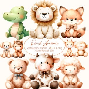 Animais de pelúcia adoráveis Aquarela Clipart, Ilustrações de animais fofos, Chá de bebê, Decoração de berçário, Uso comercial
