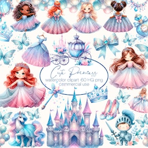 Aquarel blauwe prinses clipart, kleine prinses clipart, sprookjesachtige clipart, prinses en kasteel png, aquarel clipart