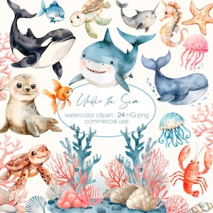 Clipart aquarelle sous-marine, mignons animaux océaniques PNG, baby shower, décoration de chambre d'enfant, art mural bébé, poulpe méduse baleine hippocampe