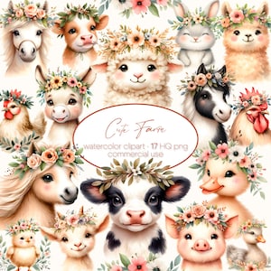 Cute Farm Portrait Clipart, Farm Animals Watercolor, Farm Baby Animals, Farm Clipart, Watercolor Clipart