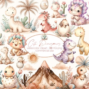 Clipart de dinossauros fofos, Clipart de dinossauro em aquarela, Clipart de meninas dinossauros, Clipart de berçário, Decoração de festa de aniversário de dinossauro, Adesivos de dinossauro