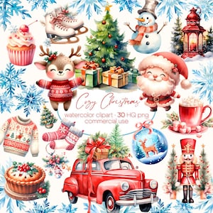 Klassisches Weihnachtsclipart-Bundle, Weihnachtsverzierungen, Aquarell Weihnachtsclipart-Set, Rote Weihnachtscliparts, Gemütliche Weihnachten PNG