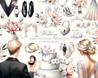 Imágenes prediseñadas de boda en acuarela: Novia, novio, pastel (40 archivos PNG - Descarga digital)