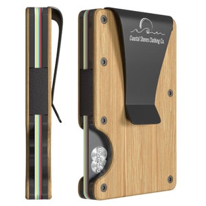 Cartera Coastal Shores Seafarer - Cartera minimalista delgada y fina para hombre - Bloqueo RFID y clip para billetes - Tarjetero con bolsillo frontal - Madera auténtica