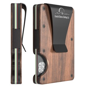 Cartera Coastal Shores Seafarer - Cartera minimalista delgada y fina para hombre - Bloqueo RFID y clip para billetes - Tarjetero con bolsillo frontal - Madera auténtica