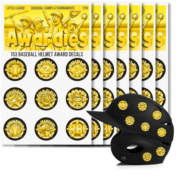 Awardies - Baseball & Softball Helmet Achievement Award Stickers for Youth -153 Vinyl Water Proof Self Adhesive Decals- Gold