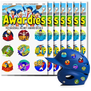 May include: A blue baseball helmet adorned with various award decals, such as "Home Run," "Triple," and "MVP." The image also displays stacks of decal sheets with the word "Awardies" and the text "153 Baseball Helmet Award Decals."