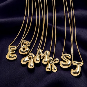 Collar con inicial de letra de burbuja de acero inoxidable dorado: colgante grueso de moda para mujeres y niñas, joyería de cadena de caja, regalo perfecto