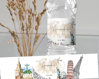 Around the world birthday water bottle labels, editable bottle wrapper, world map adventure water bottle label, travel party decor, P129