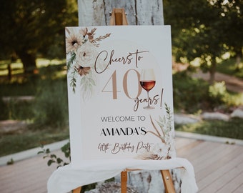 Cheers to 40 years welcome sign template, printable birthday welcome sign, editable boho floral custom sign, any age, party decoration, P94