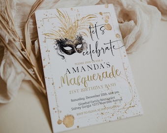 Masquerade 21st birthday invite, editable masquerade birthday party, masquerade theme invitation template, mask birthday for any age,  P56