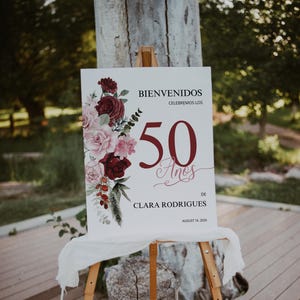 Bienvenidos celebracion del 50 anos, birthday party poster in Spanish, editable floral welcome sign template, poster de bienvenidos, P1