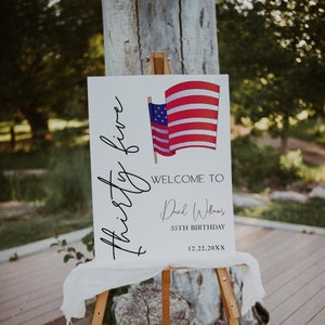 4th of july birthday welcome sign, 4th of july sign, American flag welcome sign template, editable 35th birthday poster, red white blue P35