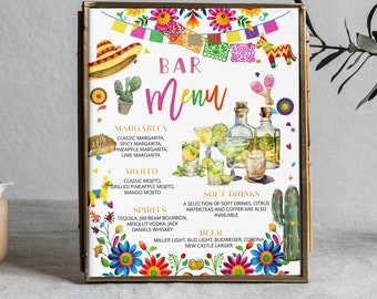 Fiesta party bar menu sign template, colorful floral menu sign, mexican theme drink menu, editable drinks menu sign, mexican flowers, P108