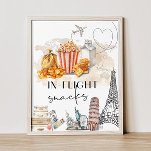 In-flight snack sign template, adventure awaits, food table sign, travel theme party, editable custom sign, printable table decoration, P129