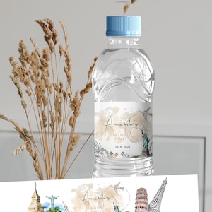 Around the world birthday water bottle labels, editable bottle wrapper, world map adventure water bottle label, travel party decor, P129