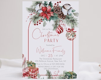 May include: A Christmas party invitation card featuring watercolor illustrations of pine branches, red poinsettias, cotton bolls, pinecones, and ornaments. The text reads: Join us for a Christmas PARTY hosted by Williams Family DEC 25 AT 2PM.
