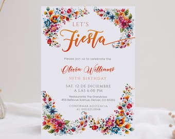 Floral Fiesta Birthday Invitation Template, Mexican Theme Party, Editable Flower Talavera Adult Birthday Custom Invite, P201