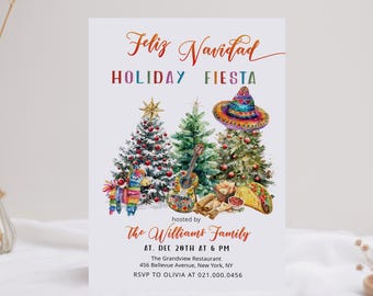 Può includere: Un biglietto d'invito bianco con il testo Feliz Navidad Holiday Fiesta, hosted by The Williams Family, Dec 20th at 6 PM, The Grandview Restaurant, 456 Bellevue Avenue, New York, NY, RSVP to Olivia at 021.000.0456, con alberi, una chitarra, un taco e un sombrero.