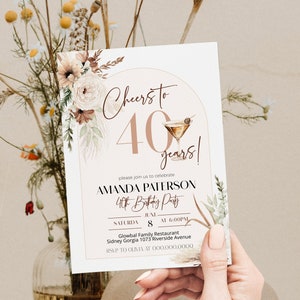 Cheers to 40th birthday invitation template, pampas grass birthday invite, editable boho floral birthday invite, adult birthday invite, P94