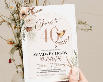 Boho 40th Birthday Invitation Template: Espresso Martini, Pampas Grass (Digital Download)