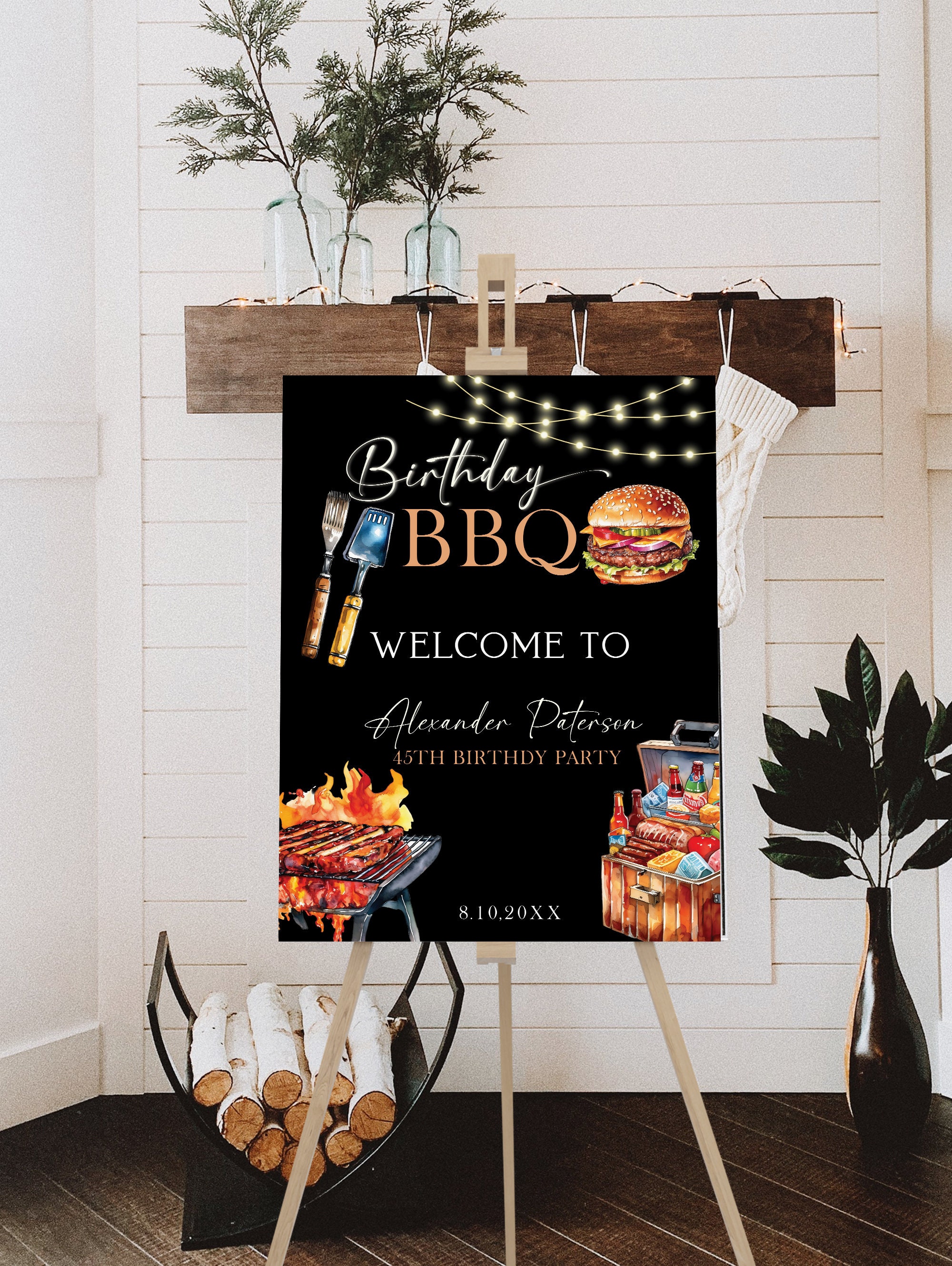 BBQ birthday party welcome sign, editable birthday welcome sign, BBQ sign, printable welcome sign template, adult birthday decoration, P92