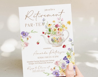 Floral Retirement Tea Party Invitation, Garden Floral Invite, Retired Afternoon Tea, Editable Template, P332