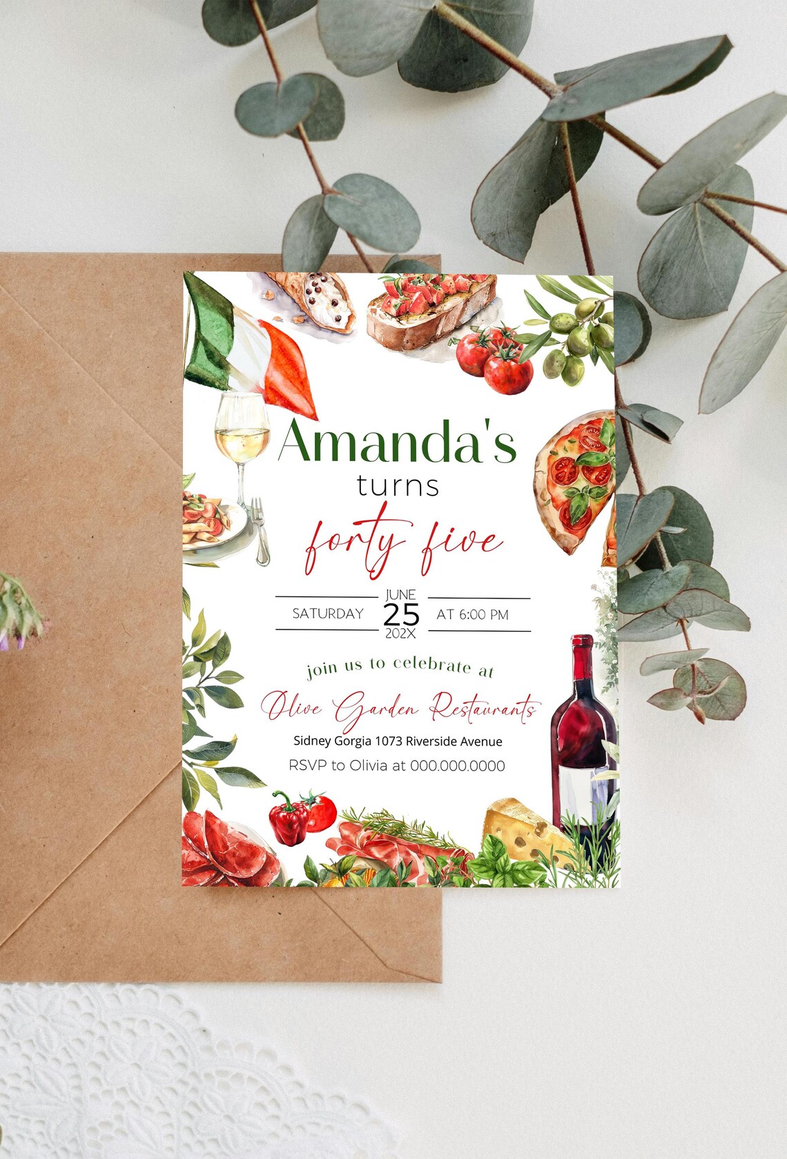 Italian Function Invitations Italy Birthday Party Invitation Template, Editable 45th Birthday Invite ...