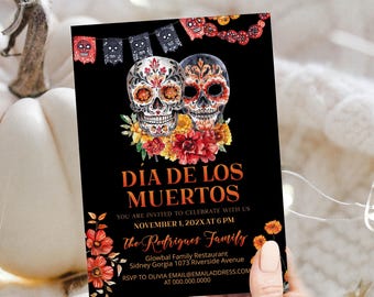 Dia de los muertos invitation template, sugar skulls party invite,celebrando el día de los muertos, editable mexican theme party invite P197