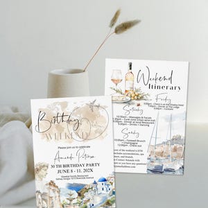 Santorini birthday weekend invitation template, Greece bachelorette party invite, Greek party Itinerary, editable birthday invite, P274