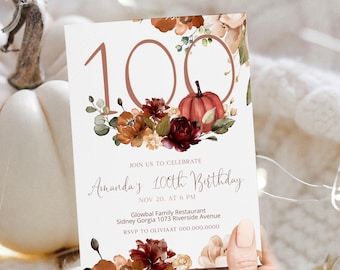 Fall 100th Birthday Invitation Template, Editable Pumpkin Theme Invite, Autumn Floral Party, P163