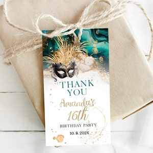 Green gold masquerade party thank you tag, masquerade birthday gift tag, mask birthday tag, editable party favor tag, printable label, P56