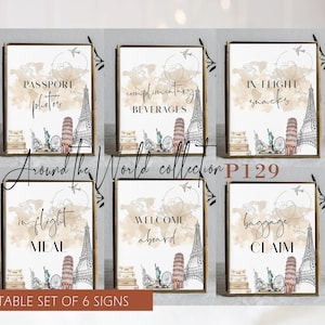 Travel theme signage bundle, editable sign set template, adventure sign bundle, world map sign, printable travel theme table decoration P129