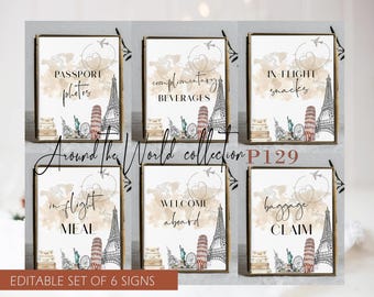 Travel Theme Party Signage Bundle, Adventure Theme Table Sign Set, World Map Sign, Travel Party Decoration, Editable Template, P129
